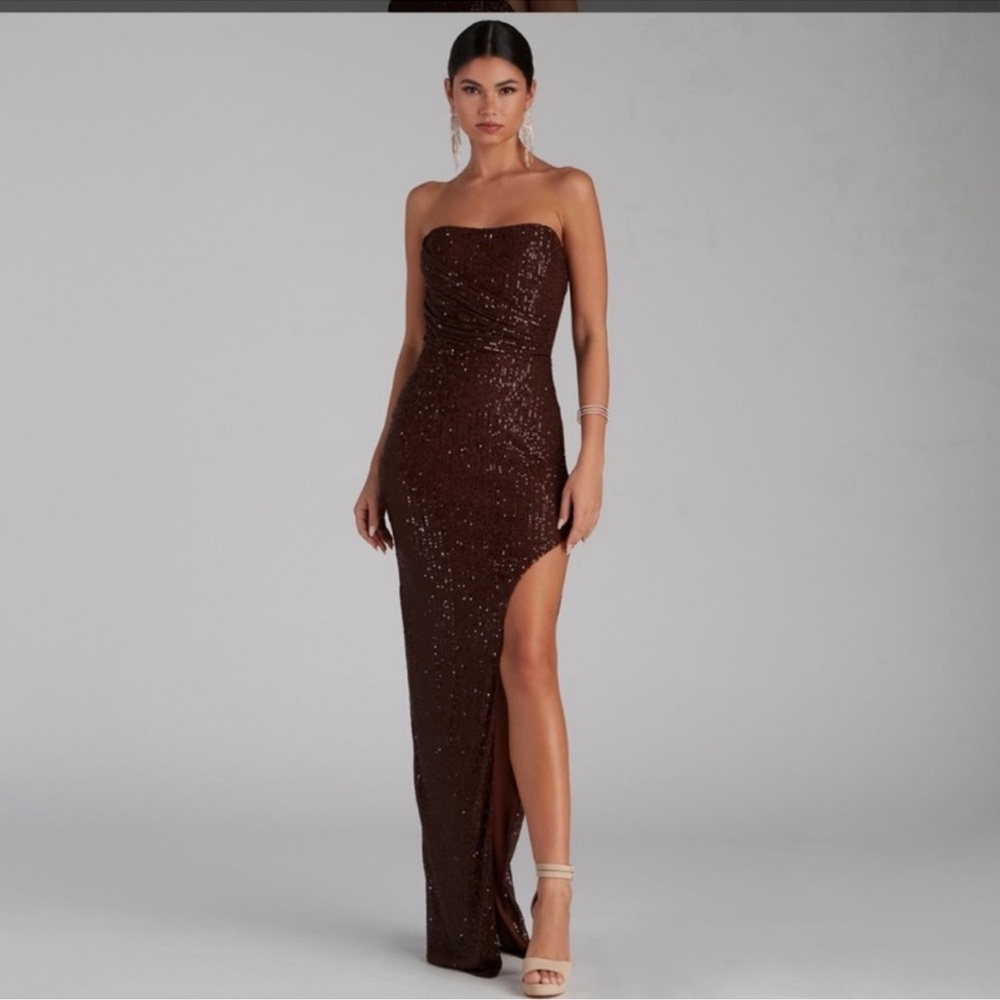 🆕Crystal Doll Brown Sequins Strapless Dress